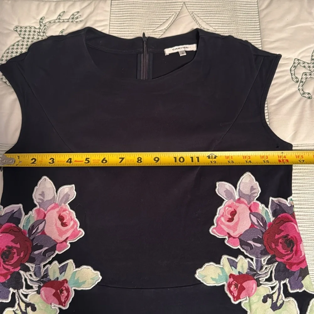 Carven Navy Dress with Pink Floral Accents-A Line-Pockets-Size S